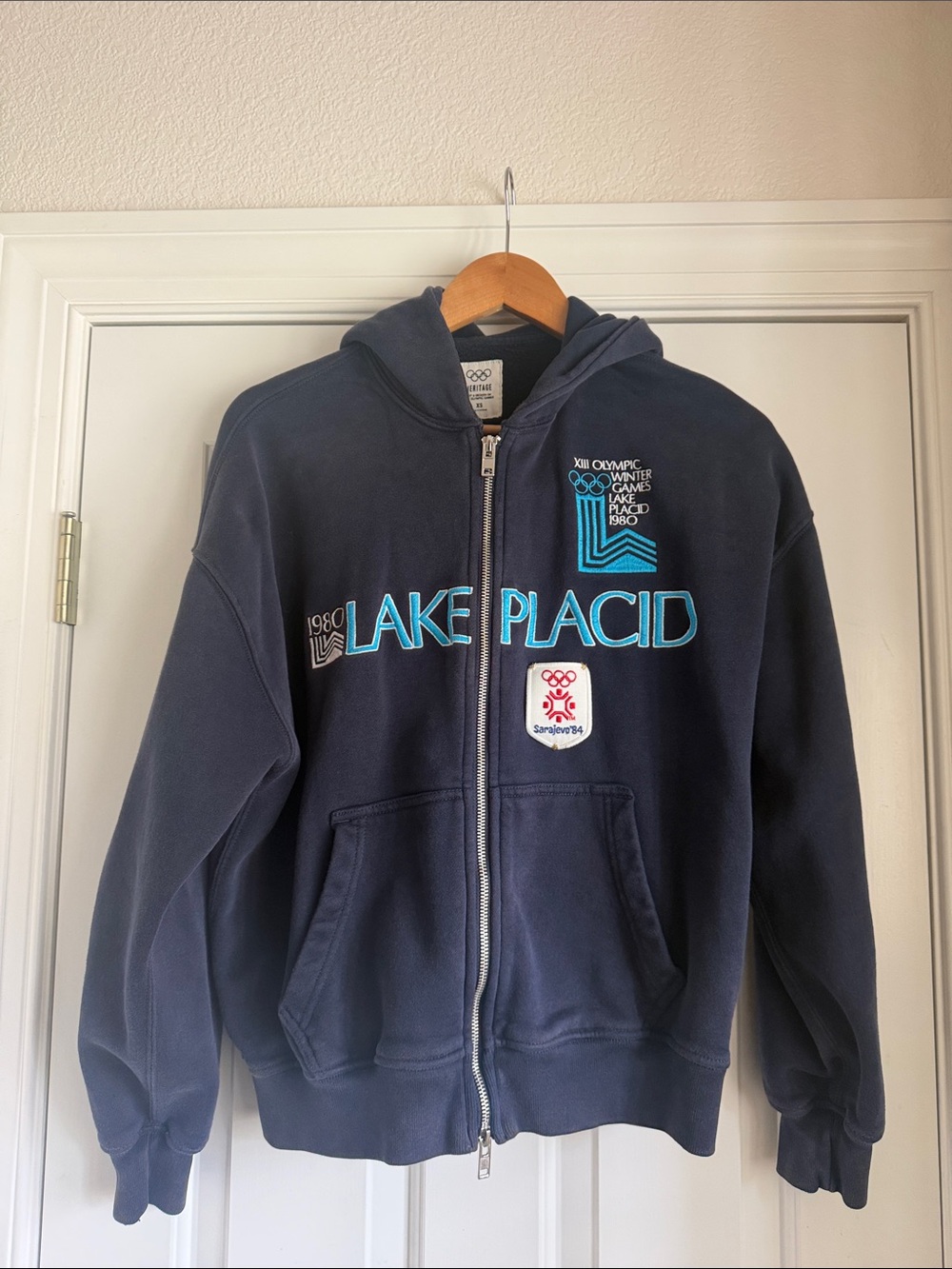 Heritage Navy Zip-Up Hoodie with Bright Turquoise Lake Placid Embroidery